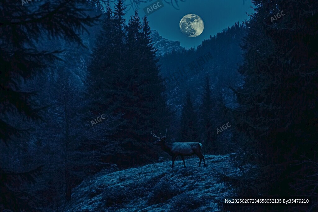 森林梅花鹿石頭夜景