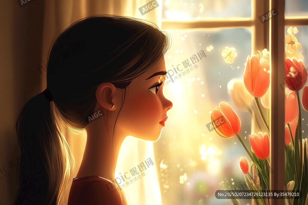 美人倚窗插畫