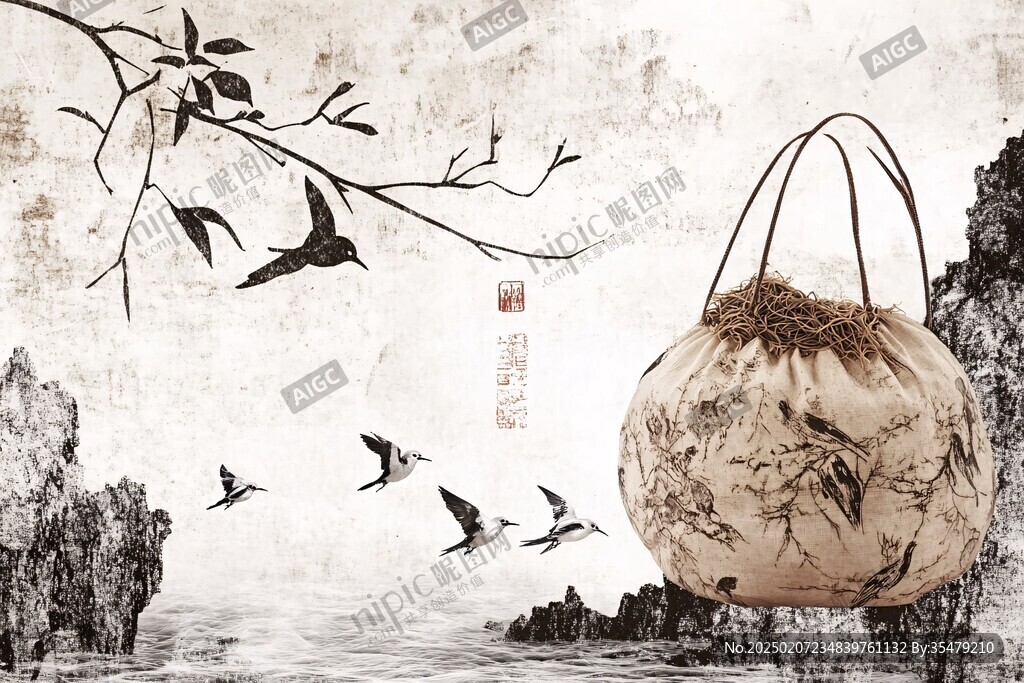酒壇水墨插畫