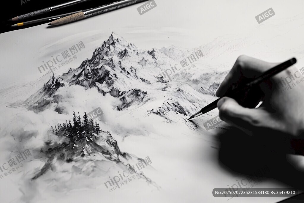 鉛筆素描水墨山水