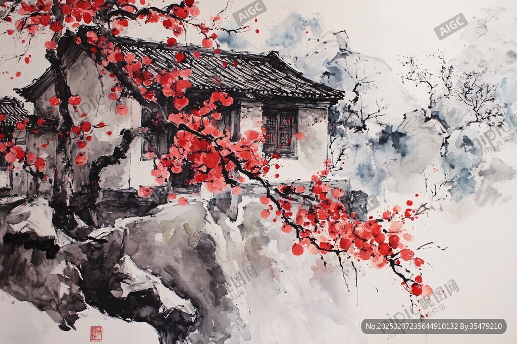 一枝紅杏出墻手繪