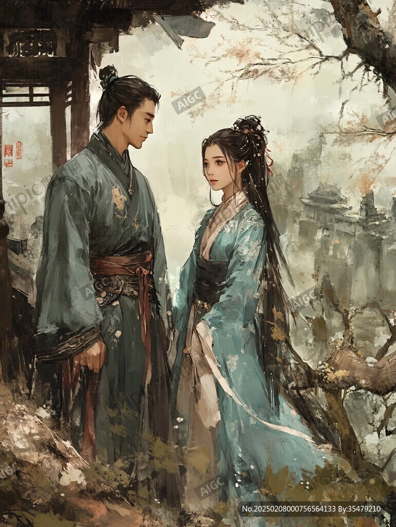 古風情侶插畫