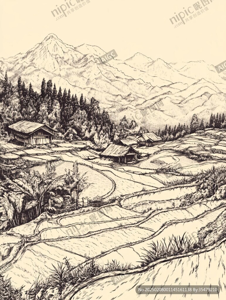 線描鄉(xiāng)村場景