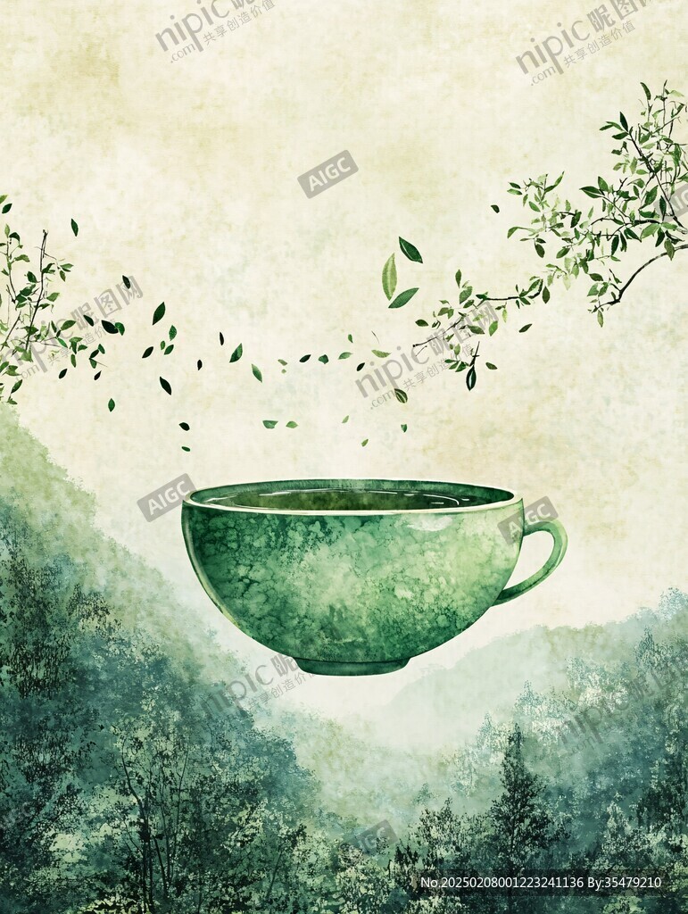 山水畫茶樹茶杯茶園