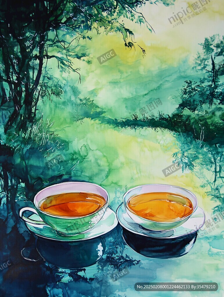 山水畫茶樹茶杯茶園