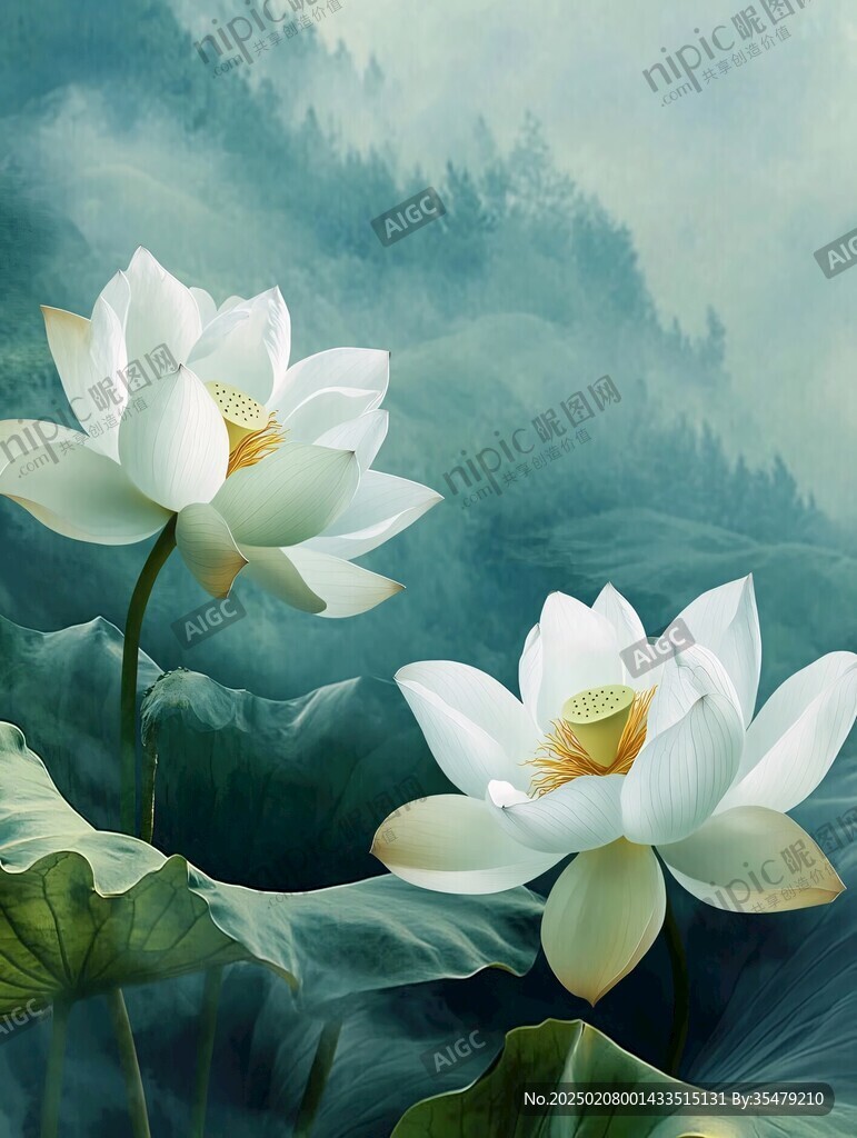 白色荷花壁畫
