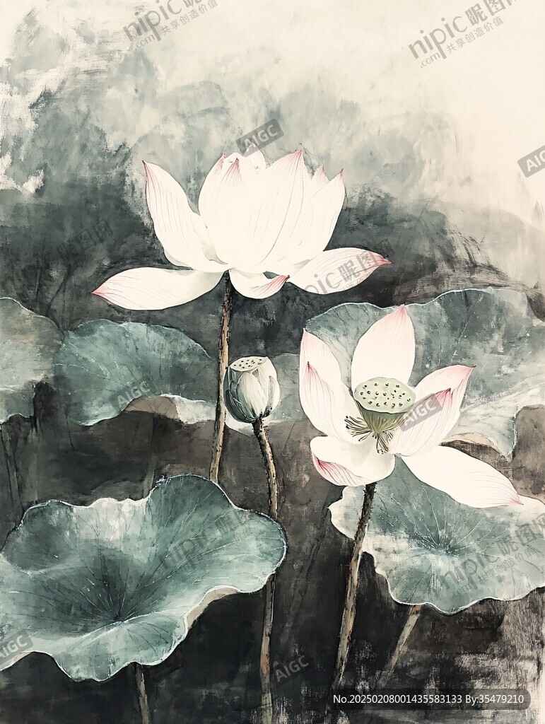 水彩荷花斗方