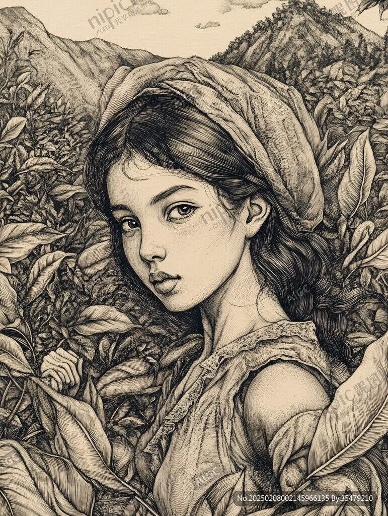 采茶的姑娘線稿