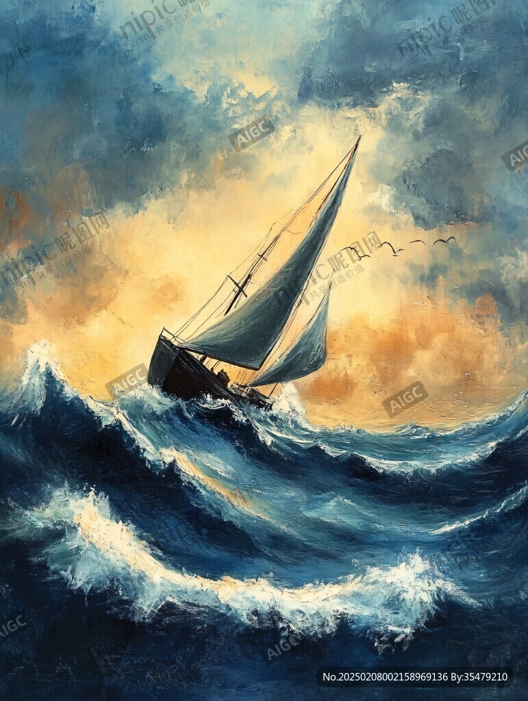 揚帆踏浪油畫