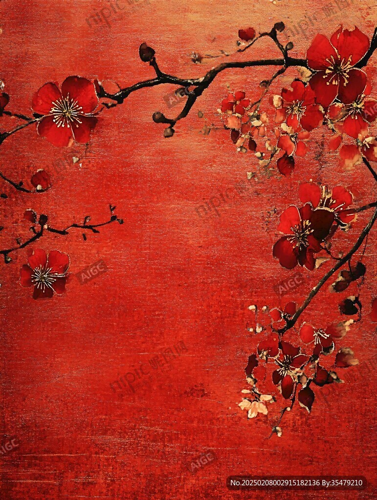 工筆手繪紅墻梅花