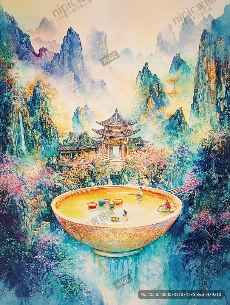 插畫橫店水彩水墨山水