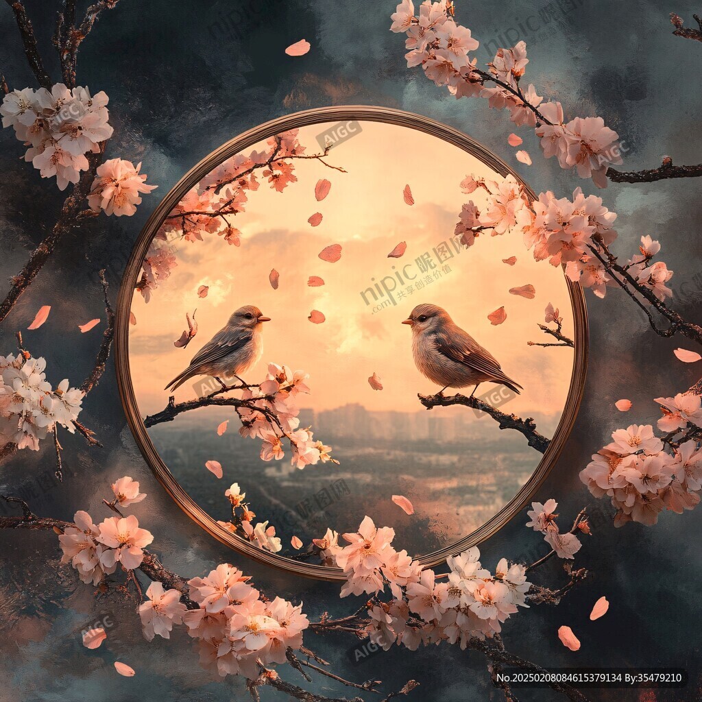 圓形桃花鳥畫