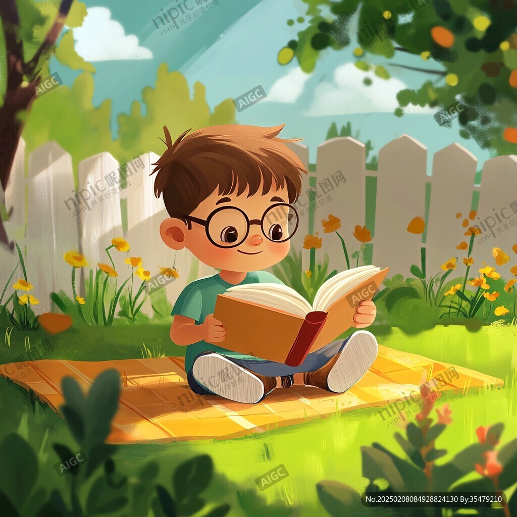 卡通讀書場景