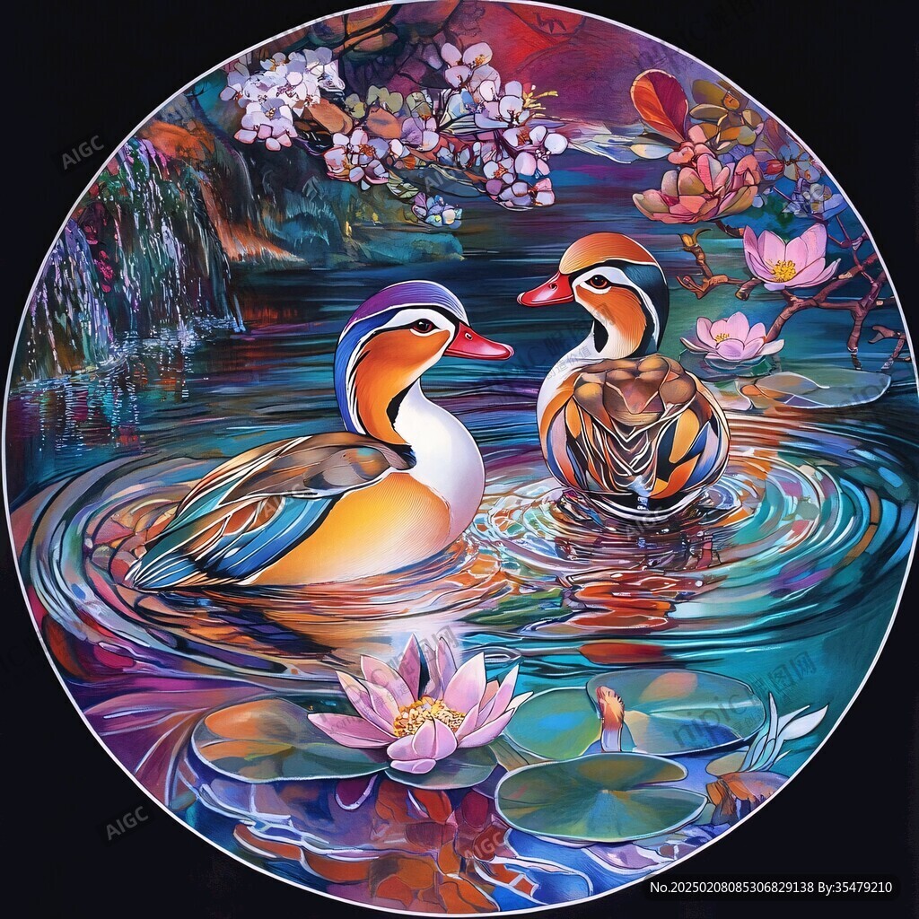 移門工筆畫冰晶畫鴛鴦