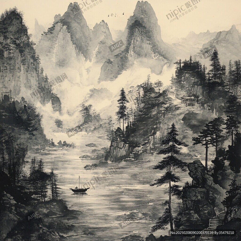 山水霧船圖