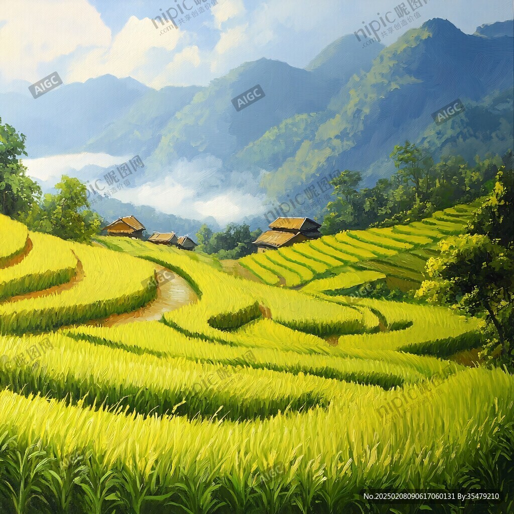 水稻梯田插畫