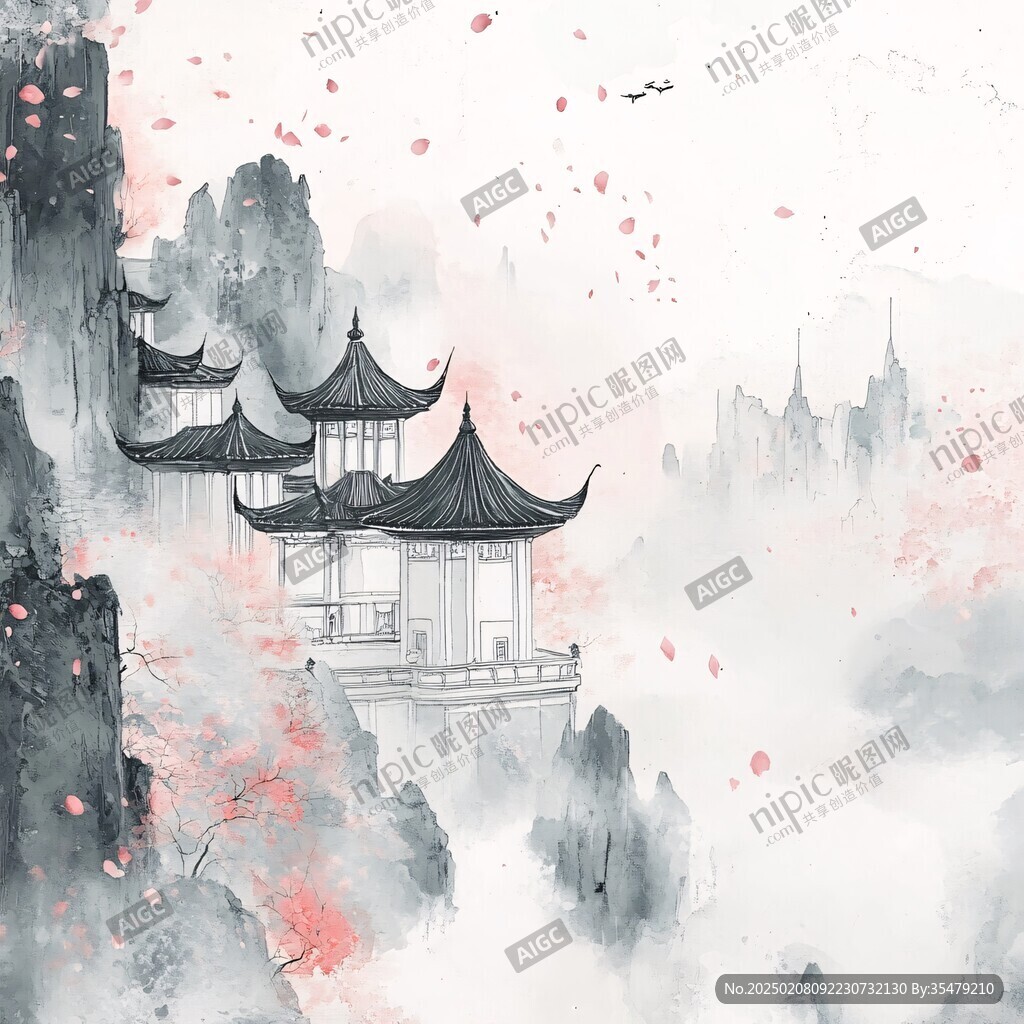 仙鶴樓閣古風山水畫
