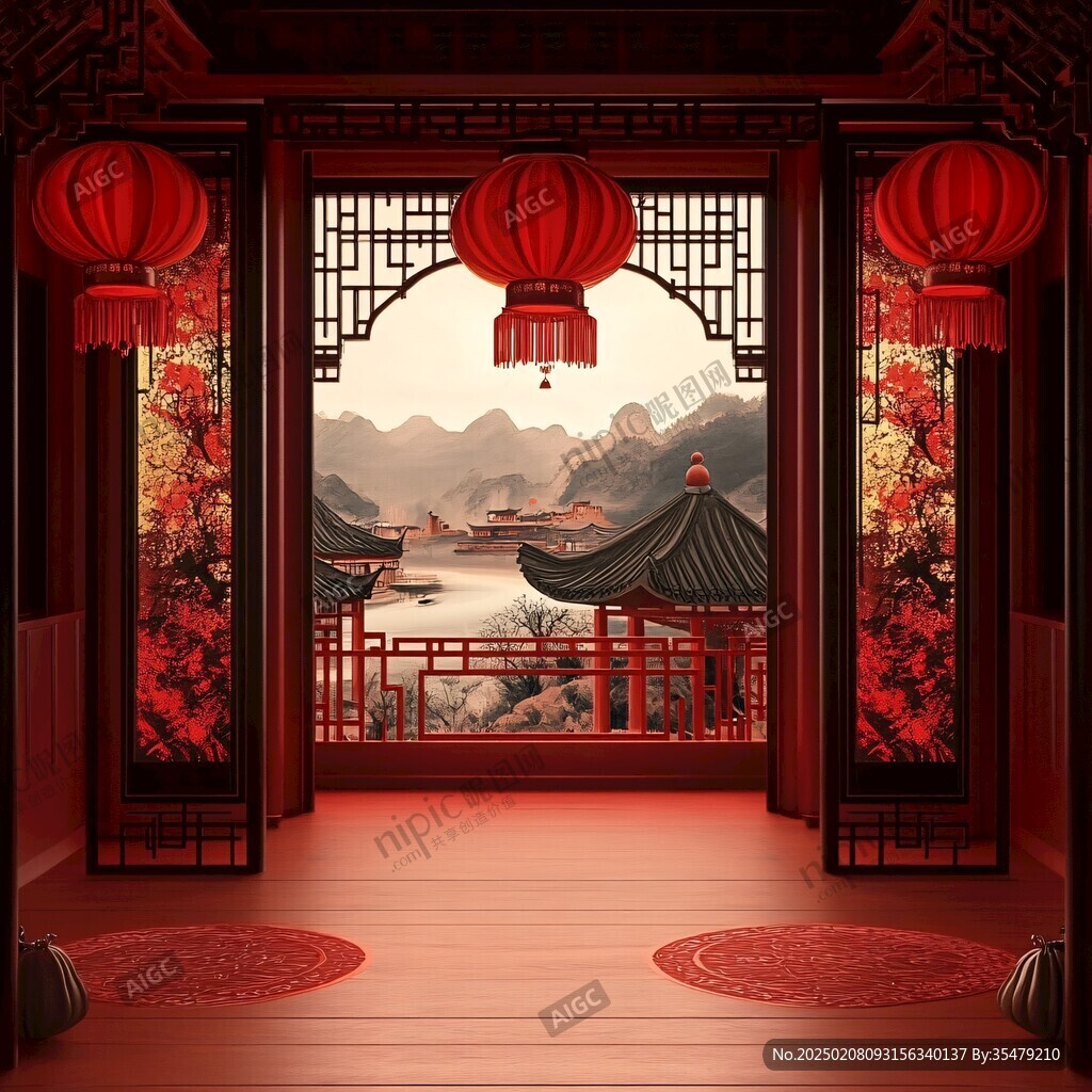 新年喜慶中式門廊