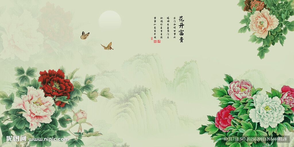 國(guó)畫牡丹電視背景墻