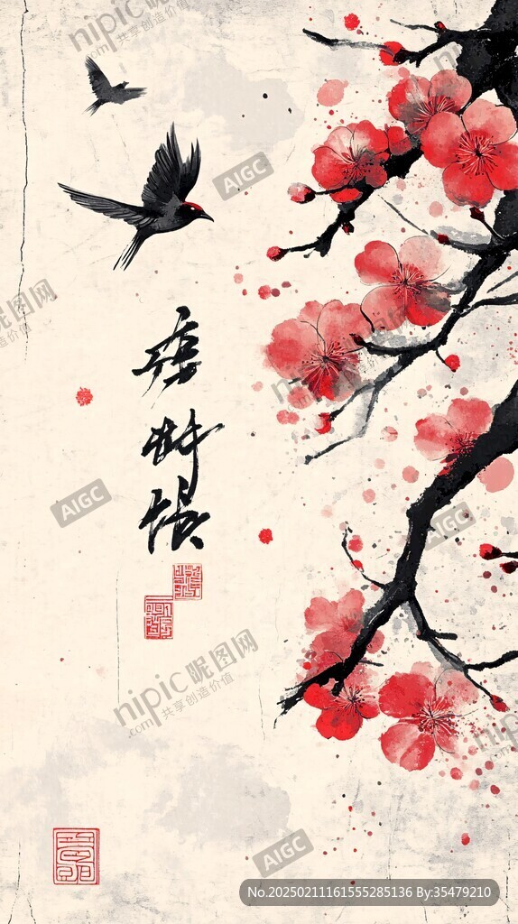 古風紅梅花鳥插畫