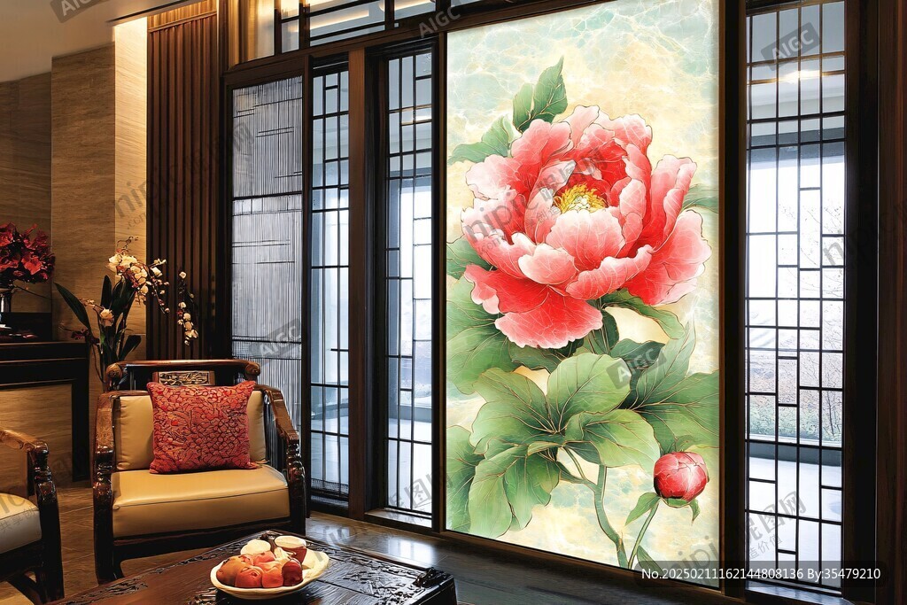 牡丹花客廳壁畫(huà)