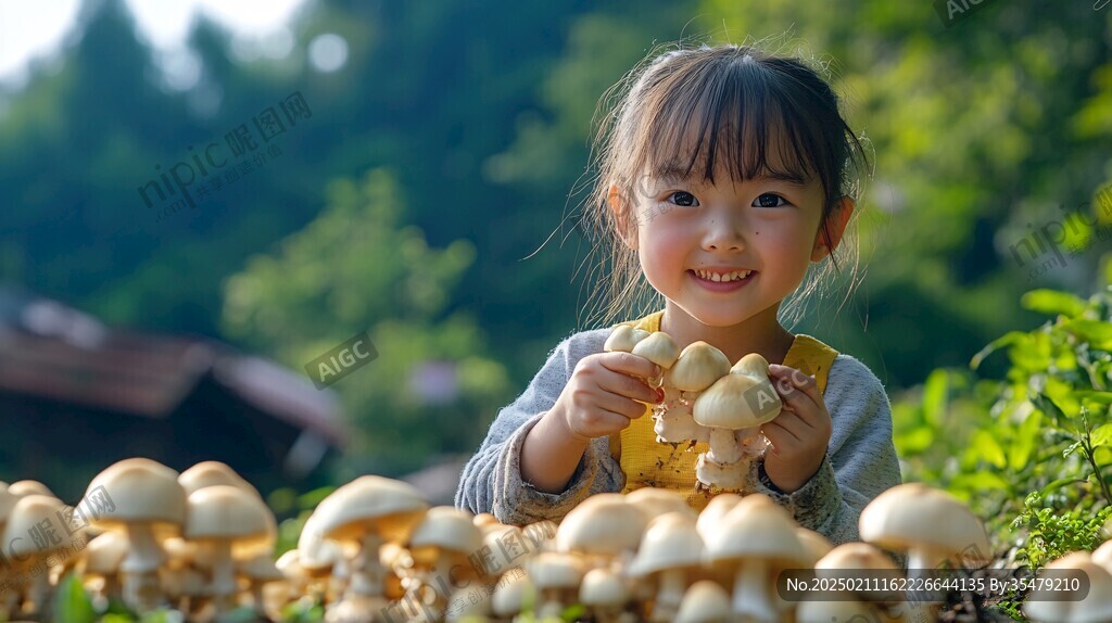 抱香菇的小女孩