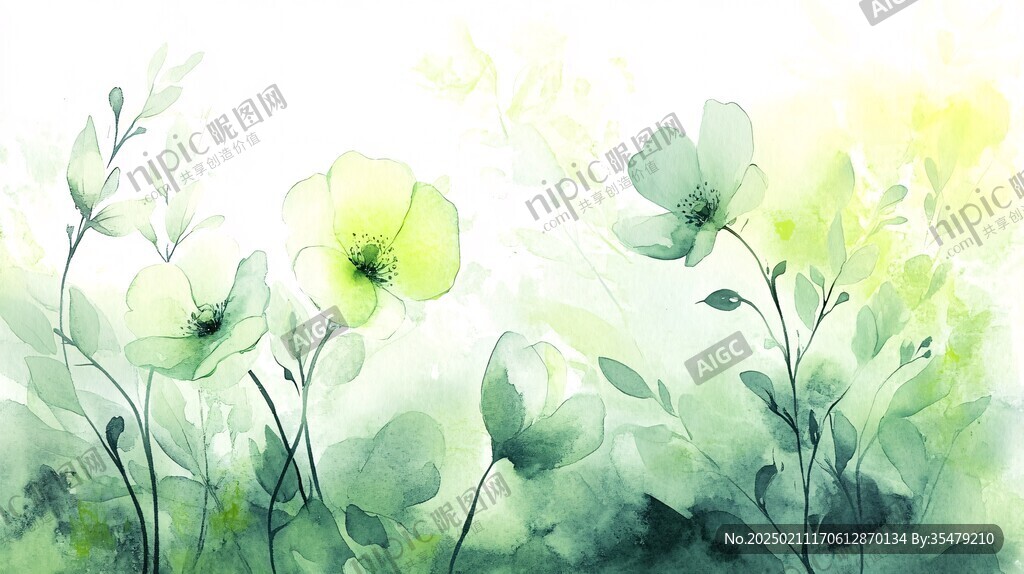 水墨手繪花綠色調(diào)背景