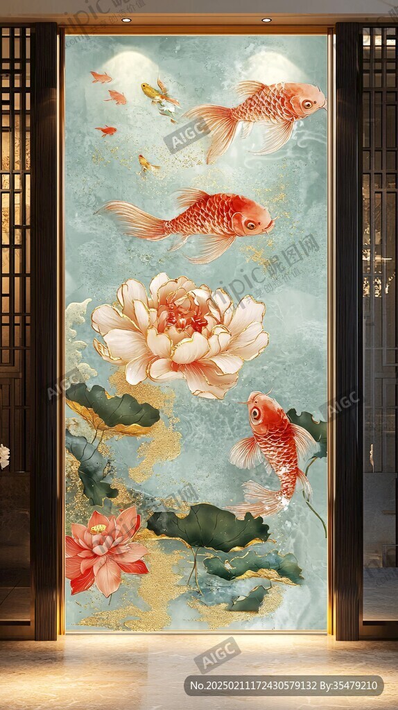 現(xiàn)代屏風(fēng)鯉魚圖
