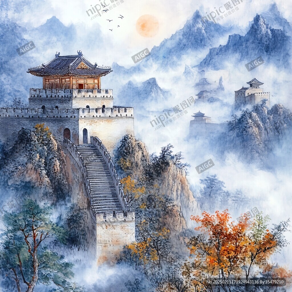 長城山水壁畫背景墻