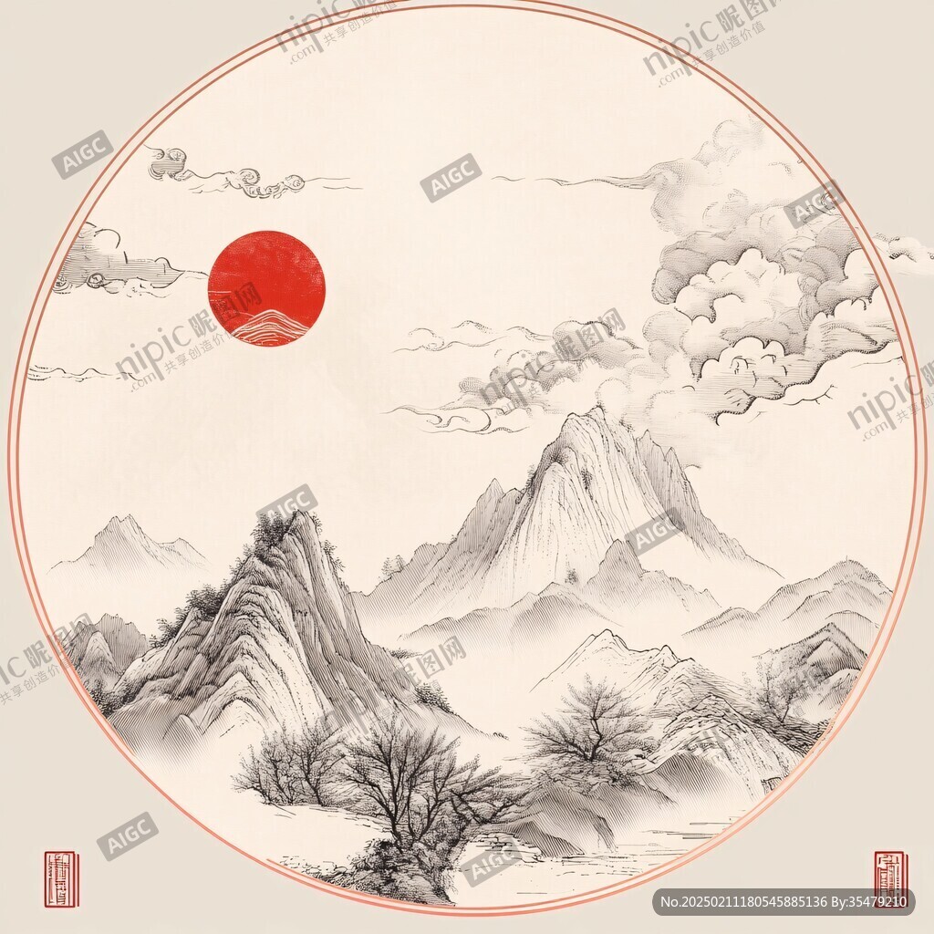 圓形手繪山水