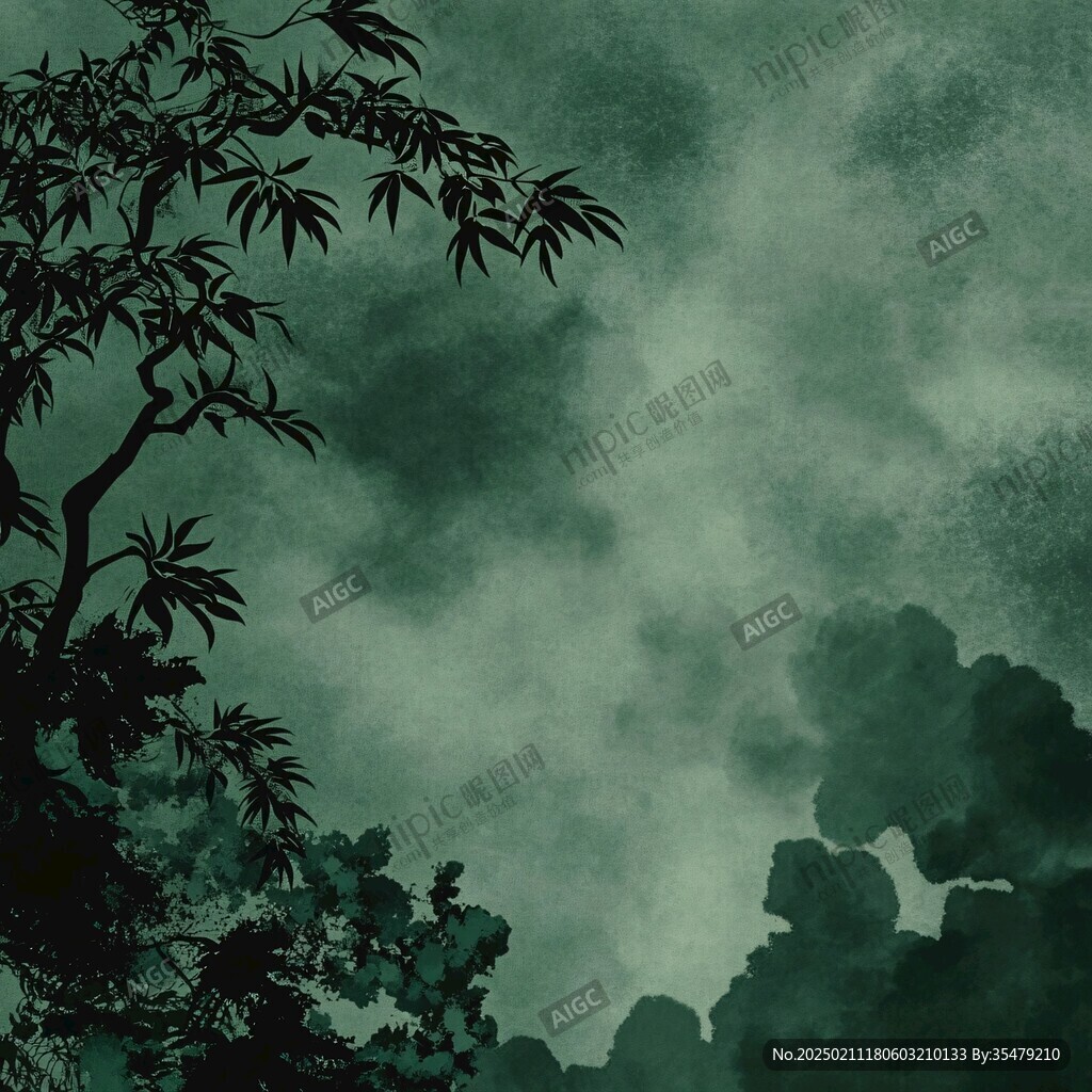 綠色水墨畫綠色風景畫