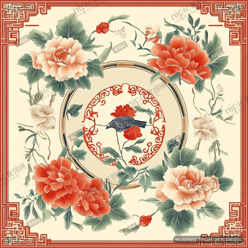 中式牡丹花鳥