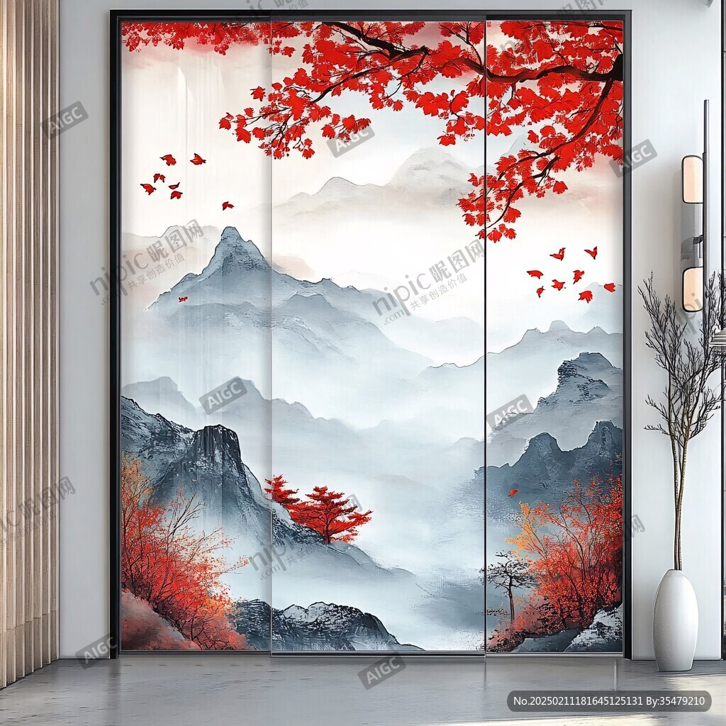 新中式紅葉屏風