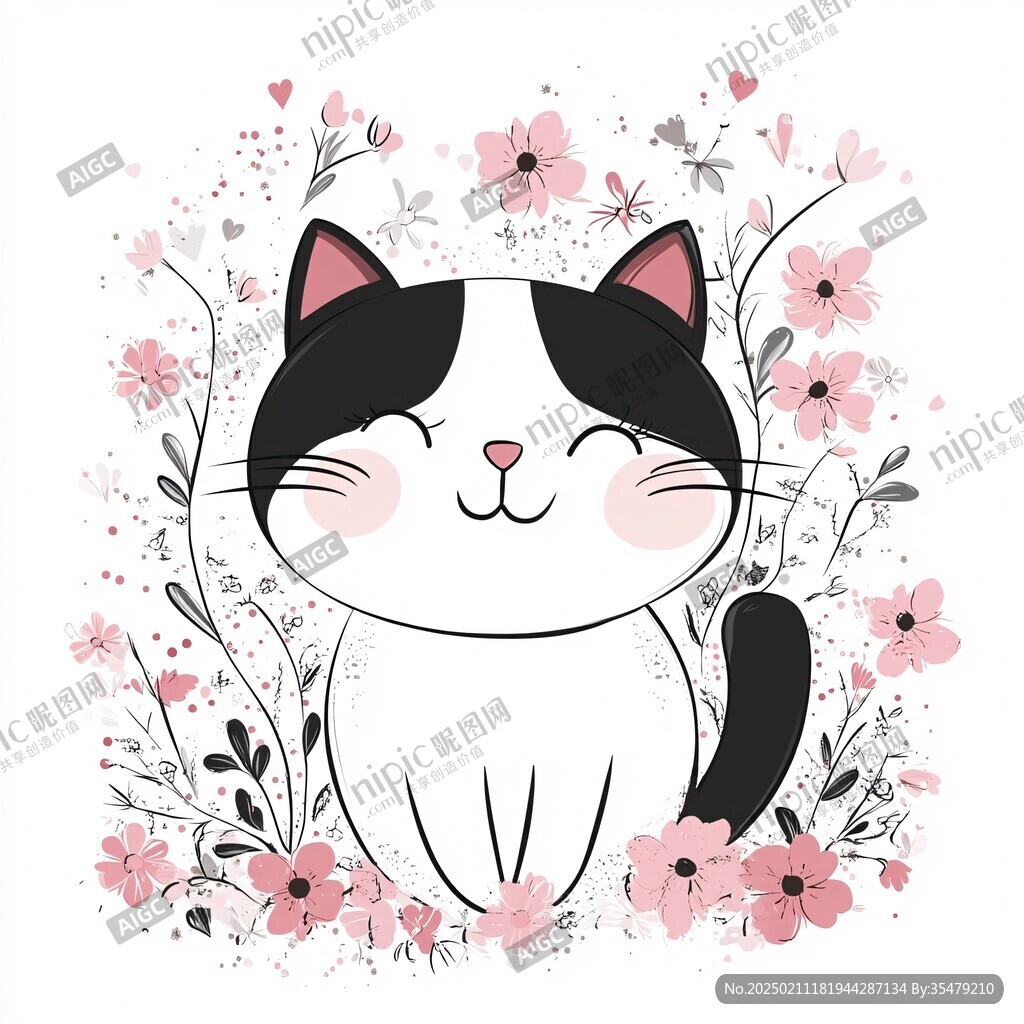 手繪花與貓卡通插畫