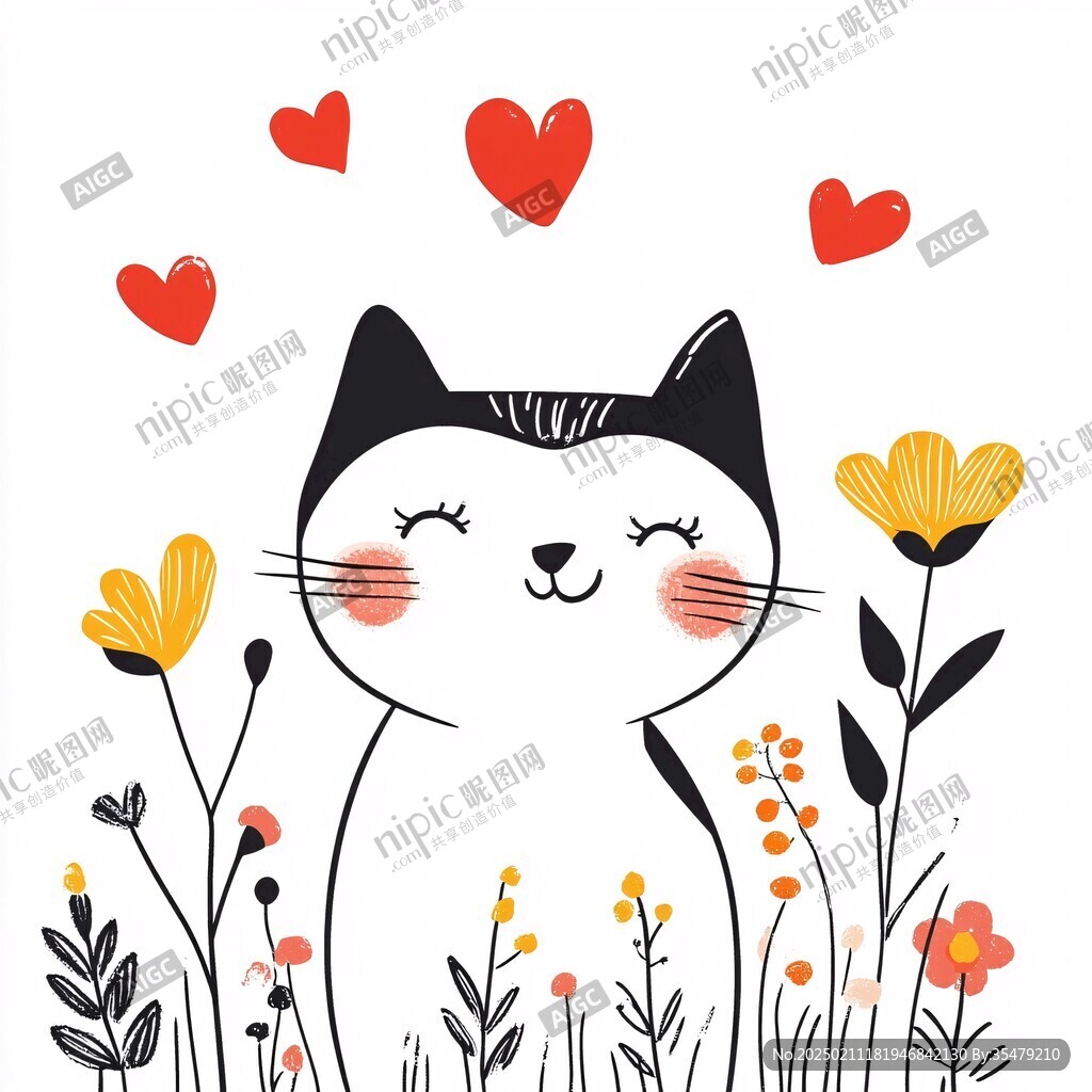 手繪花與貓卡通插畫