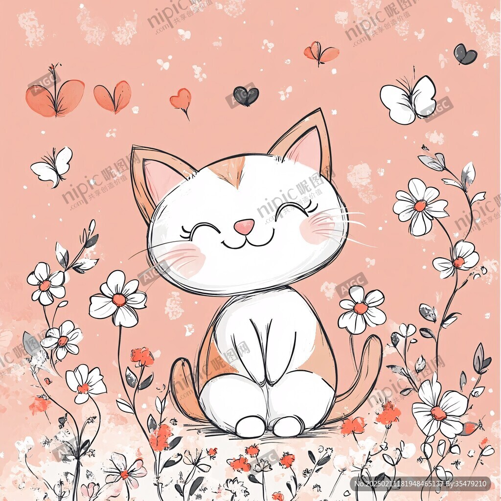 手繪花與貓卡通插畫