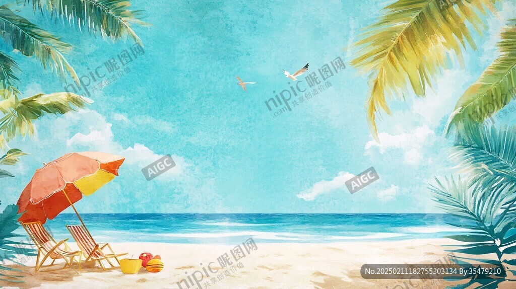夏季唯美海灘插畫(huà)