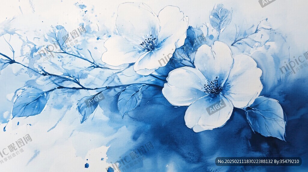 藍色水墨花