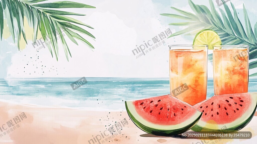 暑期飲品水果插畫