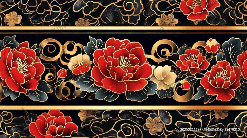 輕奢金色牡丹花線條