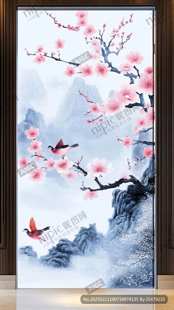 酒店客廳走廊梅花花鳥
