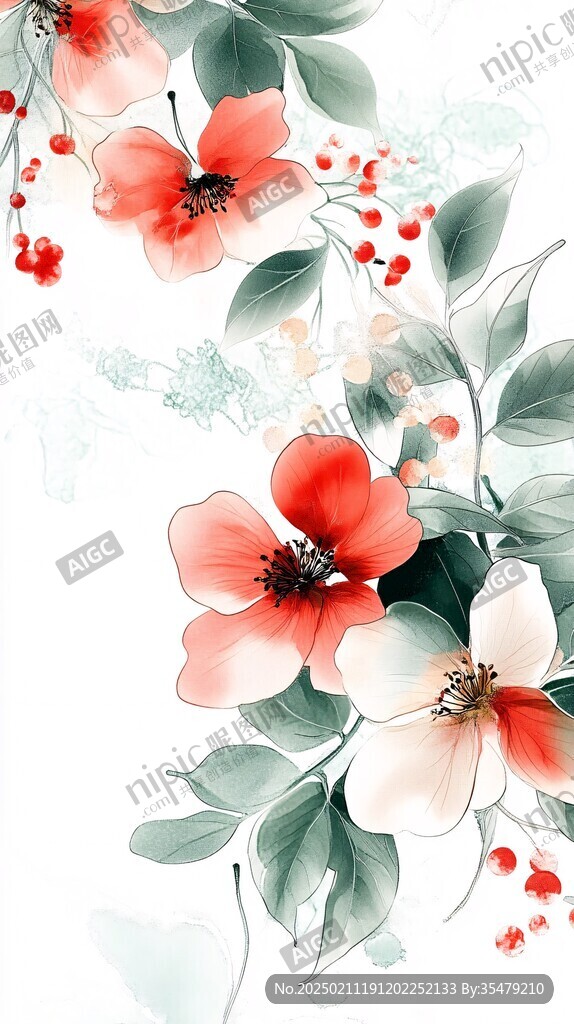 手繪紅色花卉夢(mèng)幻背景