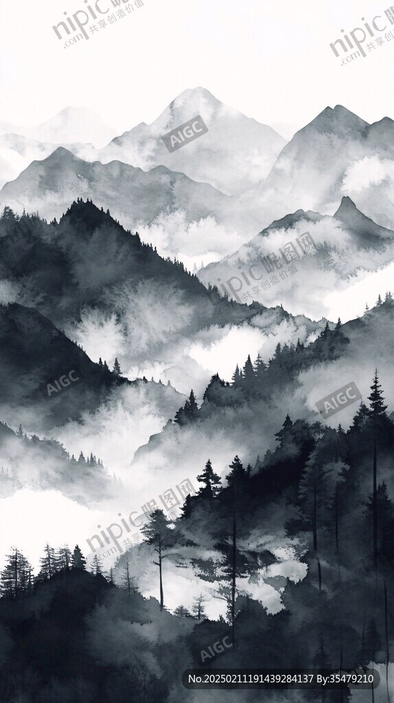 豎版水墨畫遠山煙霧