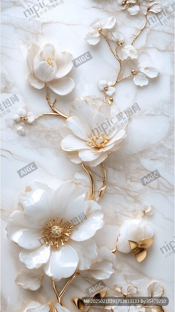 輕奢金色牡丹花線條