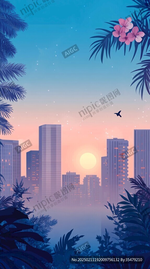 插畫城市夕陽(yáng)