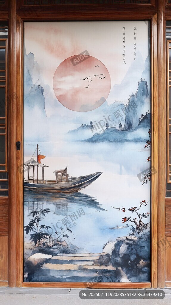 新中式山水描金樓閣畫