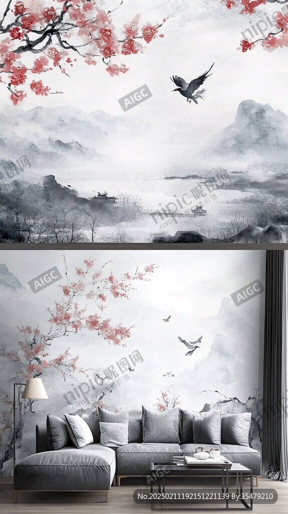 新中式山水花鳥(niǎo)壁畫(huà)
