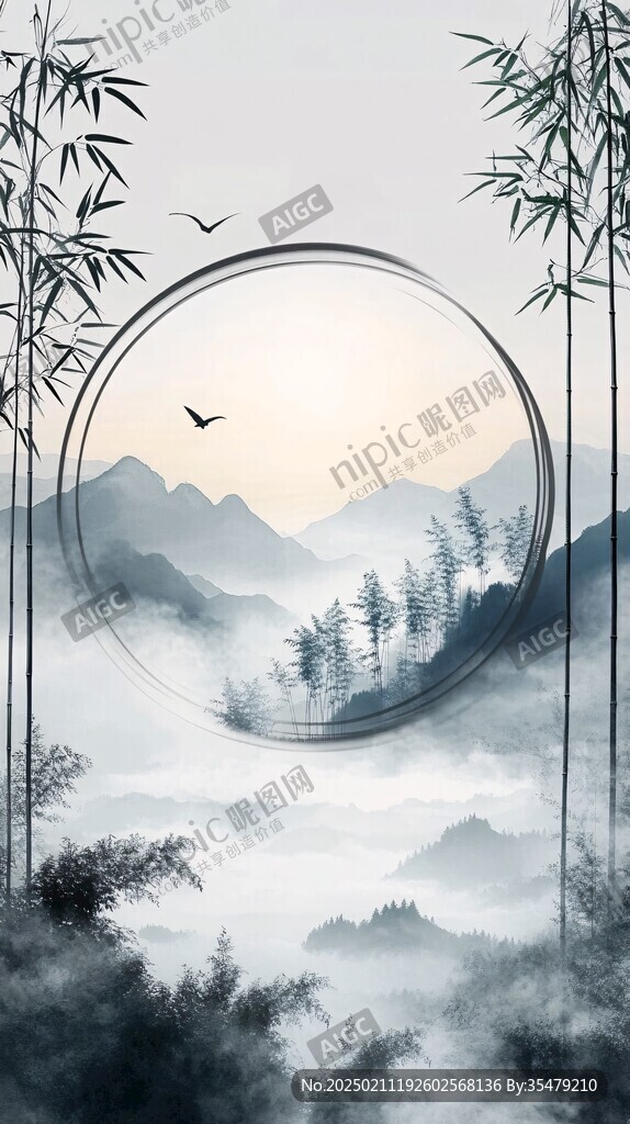 新中式竹林山水裝飾畫(huà)