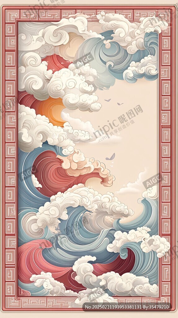 海浪仙鶴云紋中式背景
