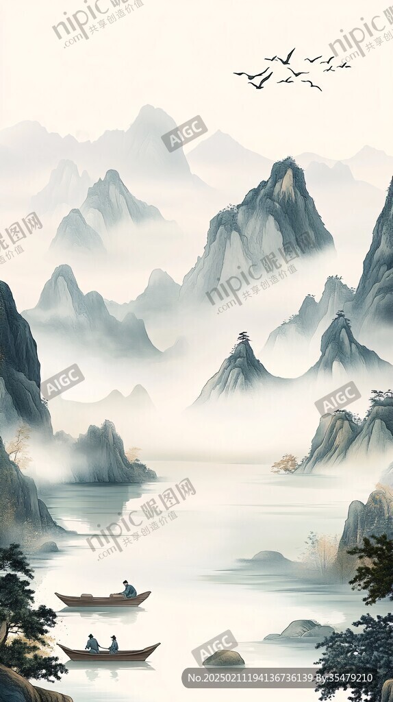 中式山湖插畫
